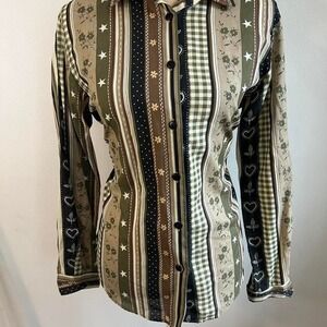 Vintage Tapestry Patchwork Stripe Button Up Shirt Green Brown Stars Hearts Small